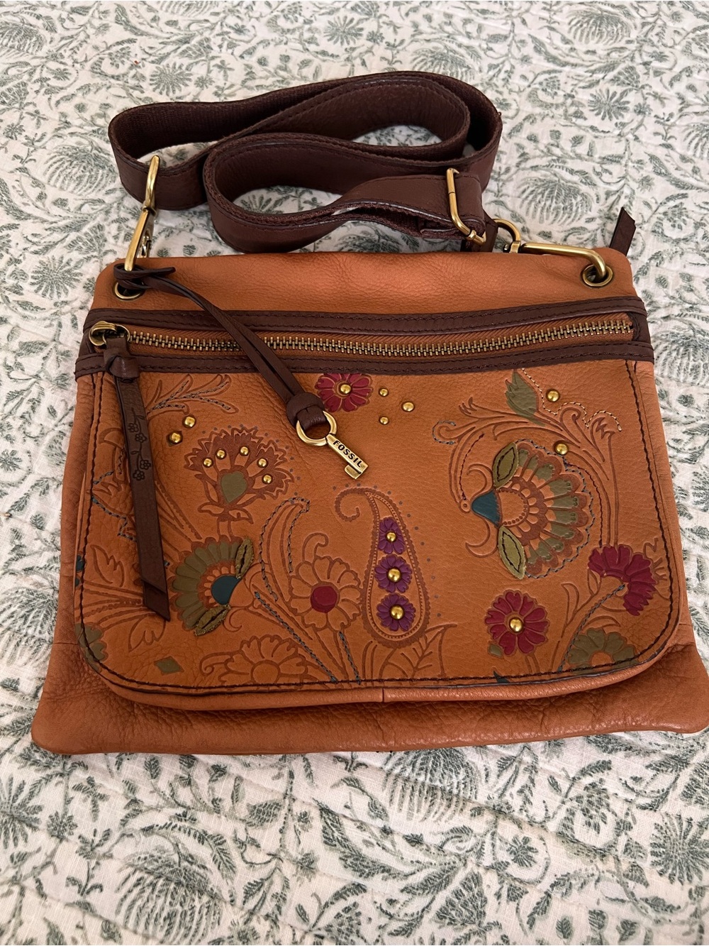 Vintage Fossil Sutter Tooled Leather Crossbody Bag with Change Purse